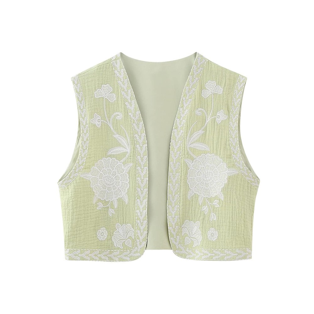 Awoscut Women's Summer Classic Cropped Vest Tops Sleeveless Vintage Floral Print Casual Open Front Jacket Tank Top Blouse (Mint Green, L)