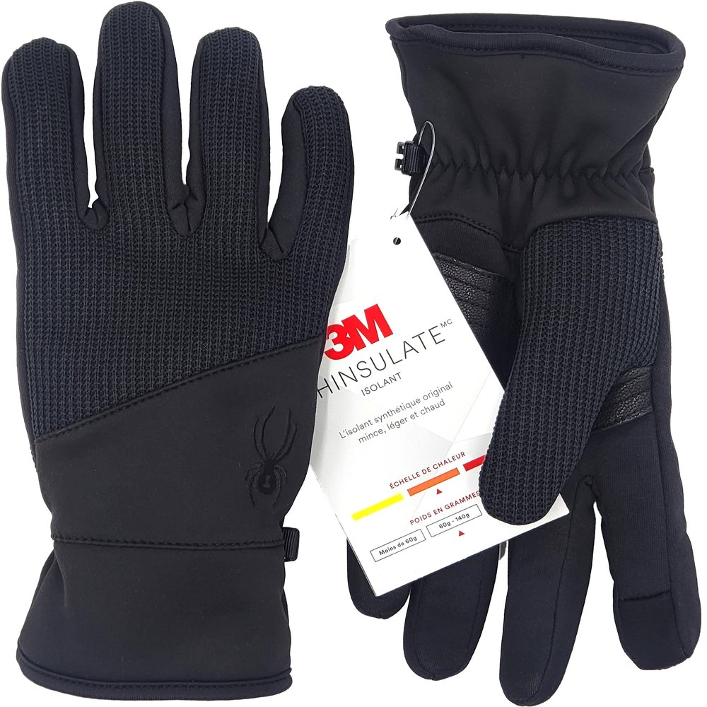 Spyder Core Conduct Gloves, Black, Size Medium, Touchscreen Compatible, Leather Palm Patch, 360 Degree Stretch, Sweater Knit Bonded