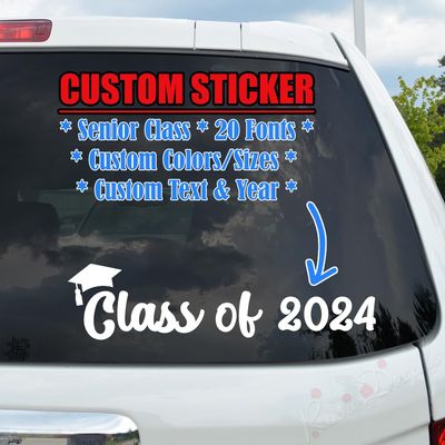 Custom Text Font Senior Class of Any Year Graduate Personalized Decal Sticker High School College University Graduation Cap for Car Truck Motorcycle Window Bumper - 2 Stickers