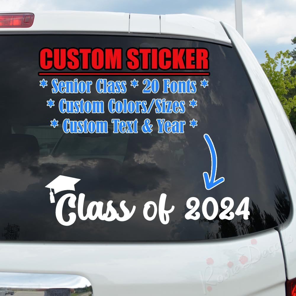 Custom Text Font Senior Class of Any Year Graduate Personalized Decal Sticker High School College University Graduation Cap for Car Truck Motorcycle Window Bumper - 2 Stickers