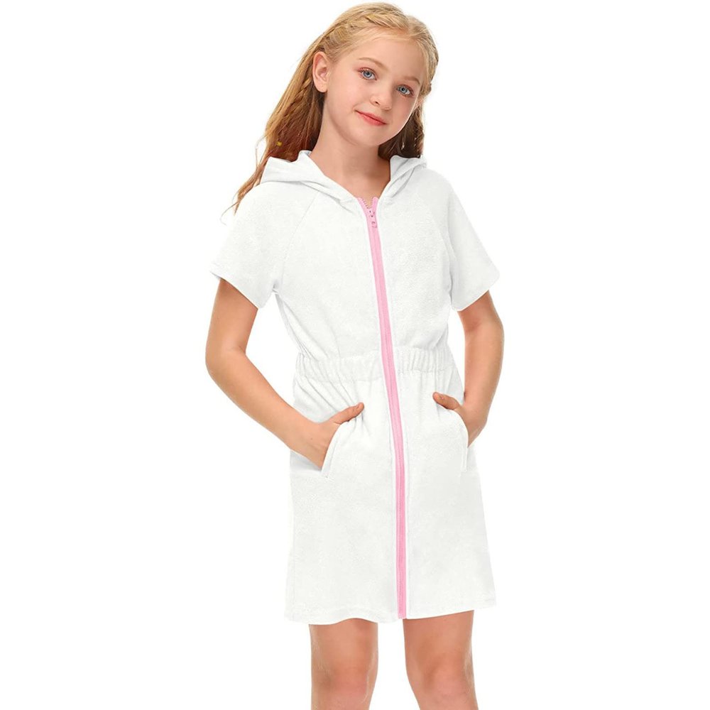 Girl's Swimsuit Zip Up Terrys Cover Up Hooded Bathrobe with Pockets Short Sleeve Bathing Suit 3 Piece (White, 3-4 Years)