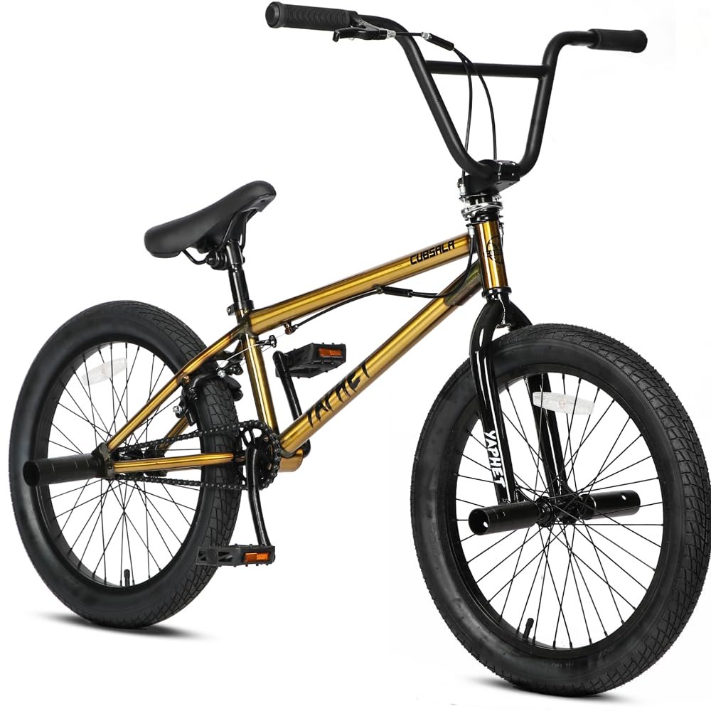 cubsala Freestyle BMX Bike, 20 Inch Yaphet Bicycle for Teen Beginner Adult Riders, Bike with 360 Rotating Handlebar and 4 pegs, Gold