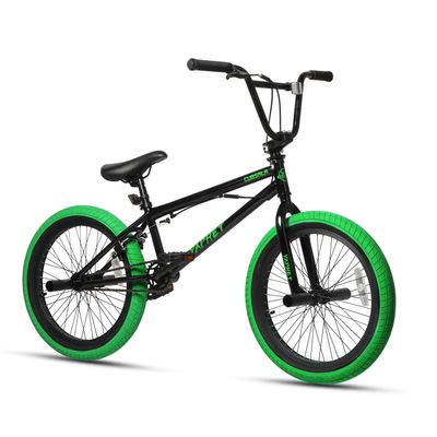 cubsala Freestyle BMX Bike, 20 Inch Yaphet Bicycle for Teen Beginner Adult Riders, Bike with 360 Rotating Handlebar and 4 pegs, Black with Green Tires