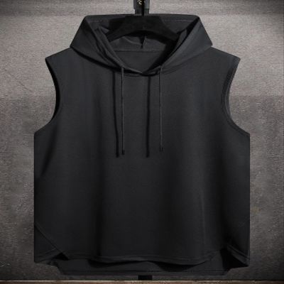 KARFE T-Shirts for Men Men Drawstring Hooded High Low Hem Tank Top Edmer (Color : Black, Size : XX-Large)
