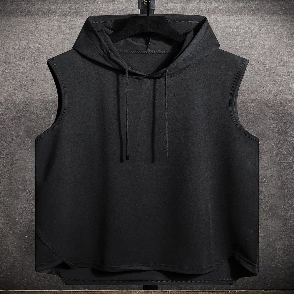 KARFE T-Shirts for Men Men Drawstring Hooded High Low Hem Tank Top Edmer (Color : Black, Size : XX-Large)