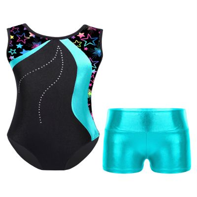 Nikiikoo Kids Girls Sparkly Gymnastics Leotards with Shorts Outfits Ballet Dance Biketard Gym Clothes Swimwear G#Lakegreen18 4 Years