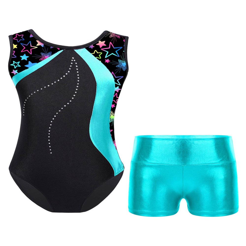 Nikiikoo Kids Girls Sparkly Gymnastics Leotards with Shorts Outfits Ballet Dance Biketard Gym Clothes Swimwear G#Lakegreen18 4 Years