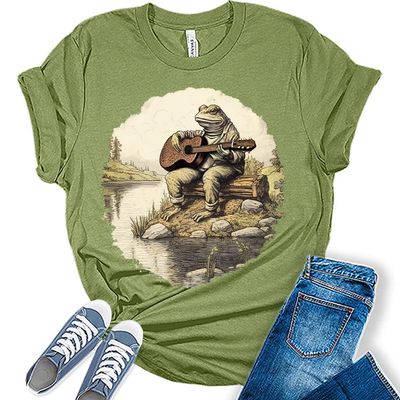 Womens Frog Shirt Cute Frog Playing Guitar Cottagecore T-Shirt Casual Graphic Tee Short Sleeve Top