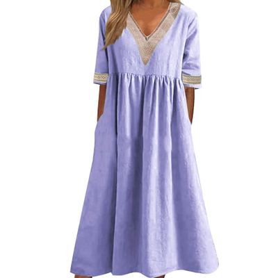 NaRHbrg Womens Summer Dress Casual Floral Print Midi Dress Button V Neck Short Sleeve Dresses Flowy Boho Beach Party Sundress