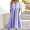 NaRHbrg Womens Summer Dress Casual Floral Print Midi Dress Button V Neck Short Sleeve Dresses Flowy Boho Beach Party Sundress view 2