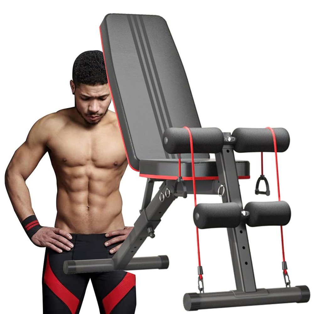 RIEJIN Adjustable Weight Bench Foldable for Home Gym, Extended Head and Neck Protection, 3 Sec Fast Folding Workout Bench for Decline/Incline/Bench Press