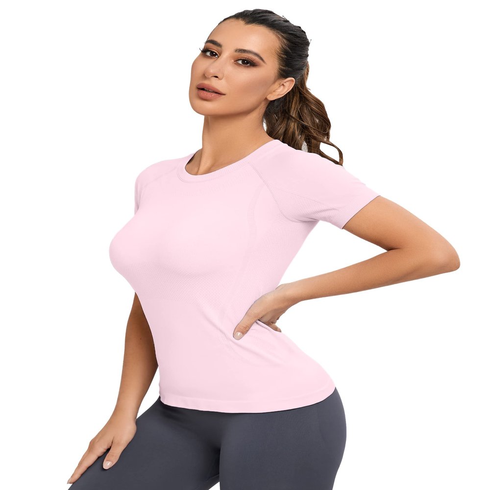 MathCat Seamless Workout Tops for Women, Short Sleeve Compression Athletic Shirts Soft Yoga Gym Tops Light Pink