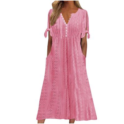 NaRHbrg Womens Summer Dress Casual Floral Print Midi Dress Button V Neck Short Sleeve Dresses Flowy Boho Beach Party Sundress