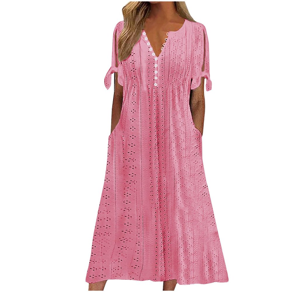NaRHbrg Womens Summer Dress Casual Floral Print Midi Dress Button V Neck Short Sleeve Dresses Flowy Boho Beach Party Sundress