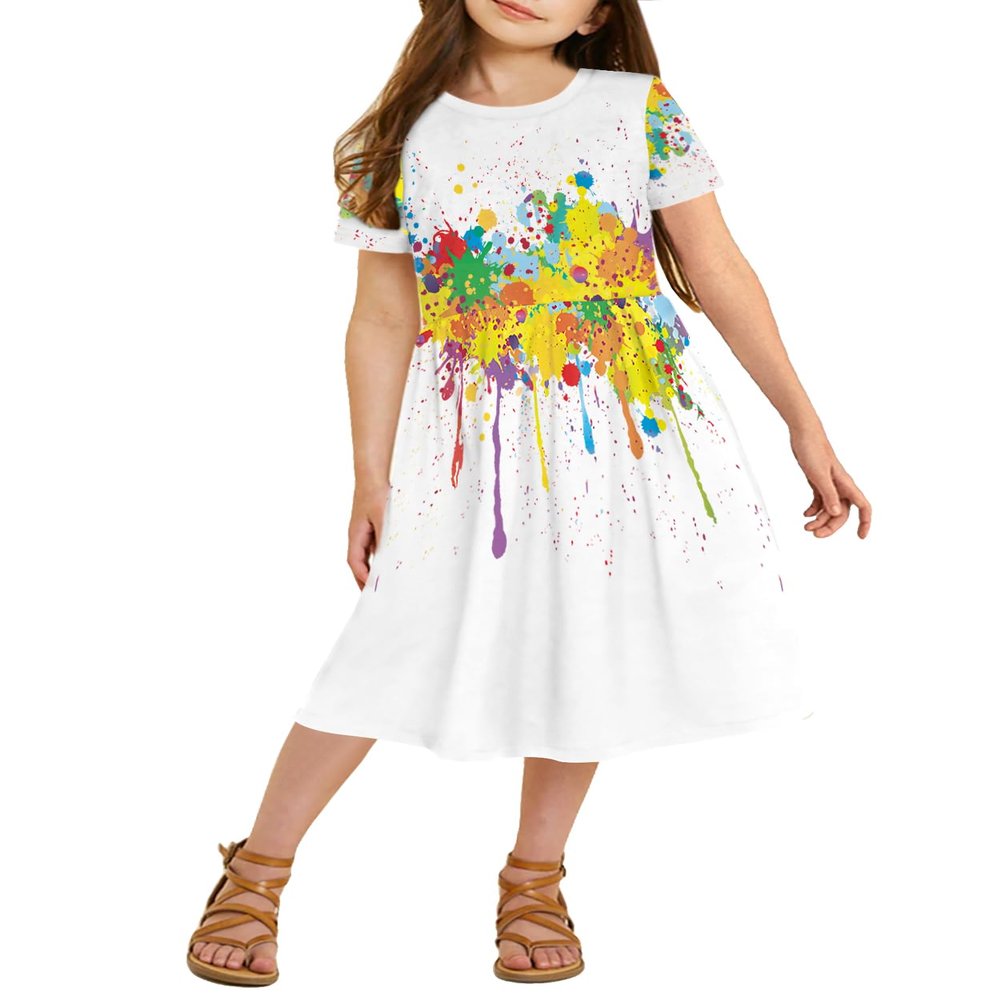 21KIDS Girls Floral Dress Kids Boho Short Sleeve Pleated Casual Dress with Pockets for Girls, Paint, 14 Years