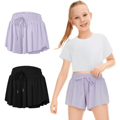 Girls Athletic Flowy 2 in 1 Butterfly Shorts With Pocket for Teen Girls Youth Running Sports Spandex 2 Pack Black Lavender Small