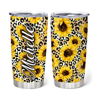 Hyturtle Personalized Gifts For Leopard Lover - Birthday Christmas - Leopard Print With Sunflower Stainless Steel Tumbler 20oz With Straw Lid - Cheetah Lover Gifts For Her Women Girl Daughter Friend