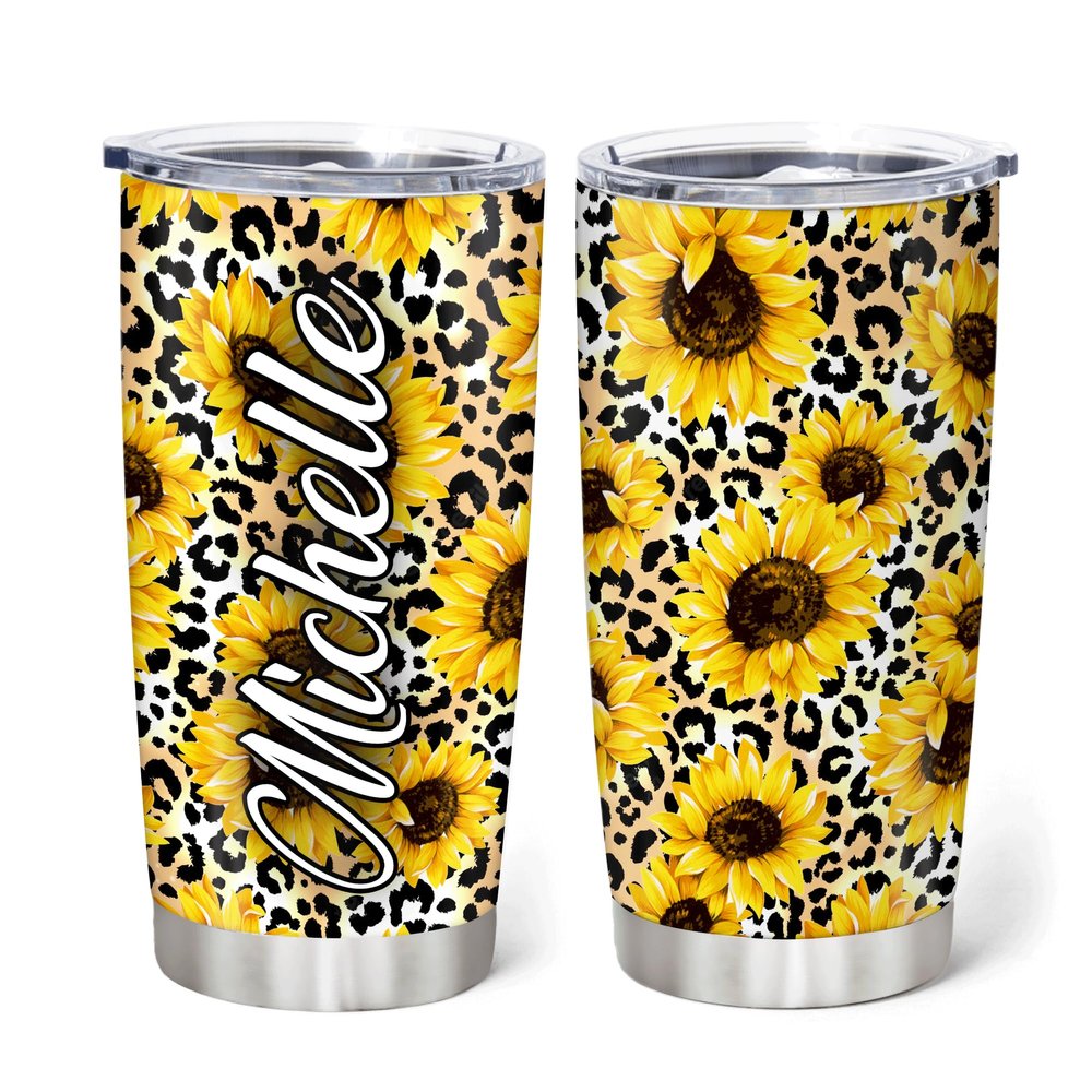 Hyturtle Personalized Gifts For Leopard Lover - Birthday Christmas - Leopard Print With Sunflower Stainless Steel Tumbler 20oz With Straw Lid - Cheetah Lover Gifts For Her Women Girl Daughter Friend