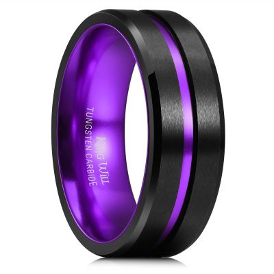 King Will 8mm Black Tungsten Rings for Men Women Mens Two Tone Wedding Band Cool Engagement Ring Centre Grooved Lines Beveled Edges Matte Brushed Comfort Fit Durable, Purple Size 10.5