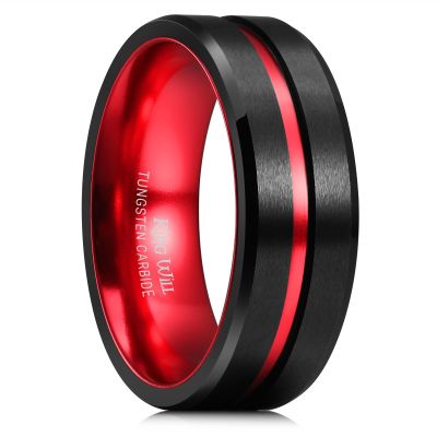 King Will 8mm Black Tungsten Rings for Men Women Mens Two Tone Wedding Band Cool Engagement Ring Centre Grooved Lines Beveled Edges Matte Brushed Comfort Fit Durable, Red Size 7