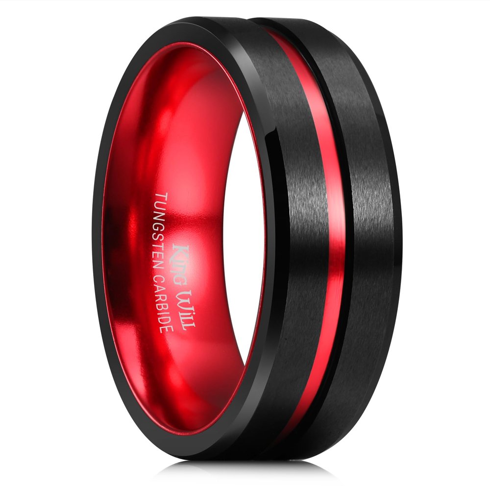King Will 8mm Black Tungsten Rings for Men Women Mens Two Tone Wedding Band Cool Engagement Ring Centre Grooved Lines Beveled Edges Matte Brushed Comfort Fit Durable, Red Size 10