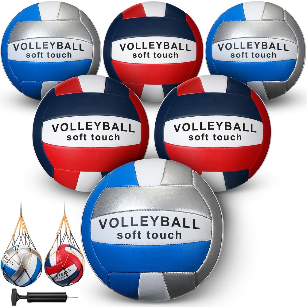 Woanger 6 Pcs Volleyballs Official Size 5 Waterproof Soft Recreational Volleyball with Pump and Net Bag Indoor Outdoor Beach Sports Gym Back to School(Blue White Silver Red Navy Blue)