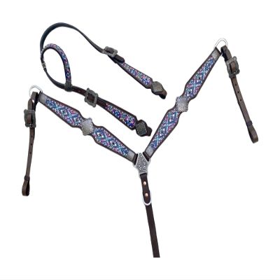MOUSM 100% Real Geunine Attractive Argentina Cow Leather Western Horse Bridle Headstall Breast Collar Set(Brown)