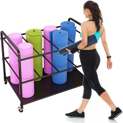 Katzowen Extra Large Rolling Yoga Mat Storage Cart with 2 Lockable Wheels, Metal Foam Rollers Holder Rack for Gym Studio Office Fitness Class, Holds 8 Mats