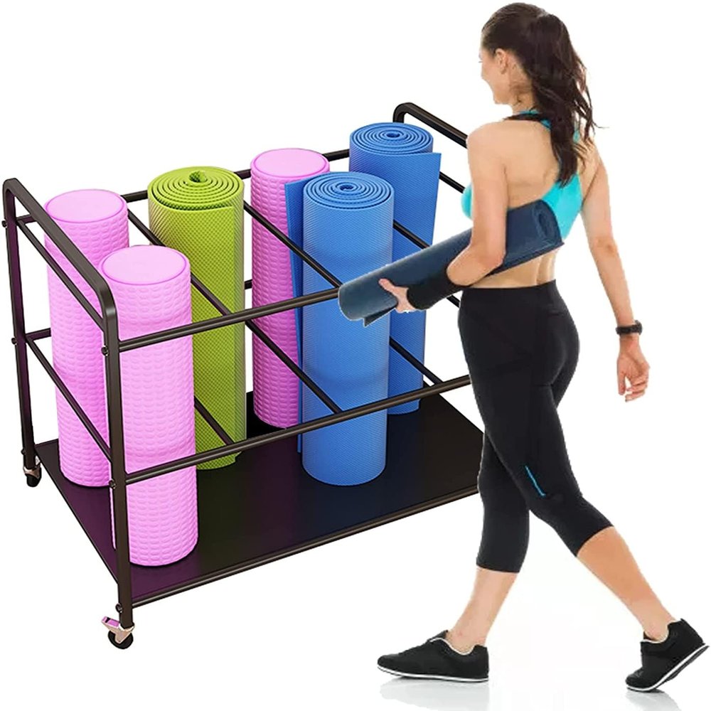 Katzowen Extra Large Rolling Yoga Mat Storage Cart with 2 Lockable Wheels, Metal Foam Rollers Holder Rack for Gym Studio Office Fitness Class, Holds 8 Mats