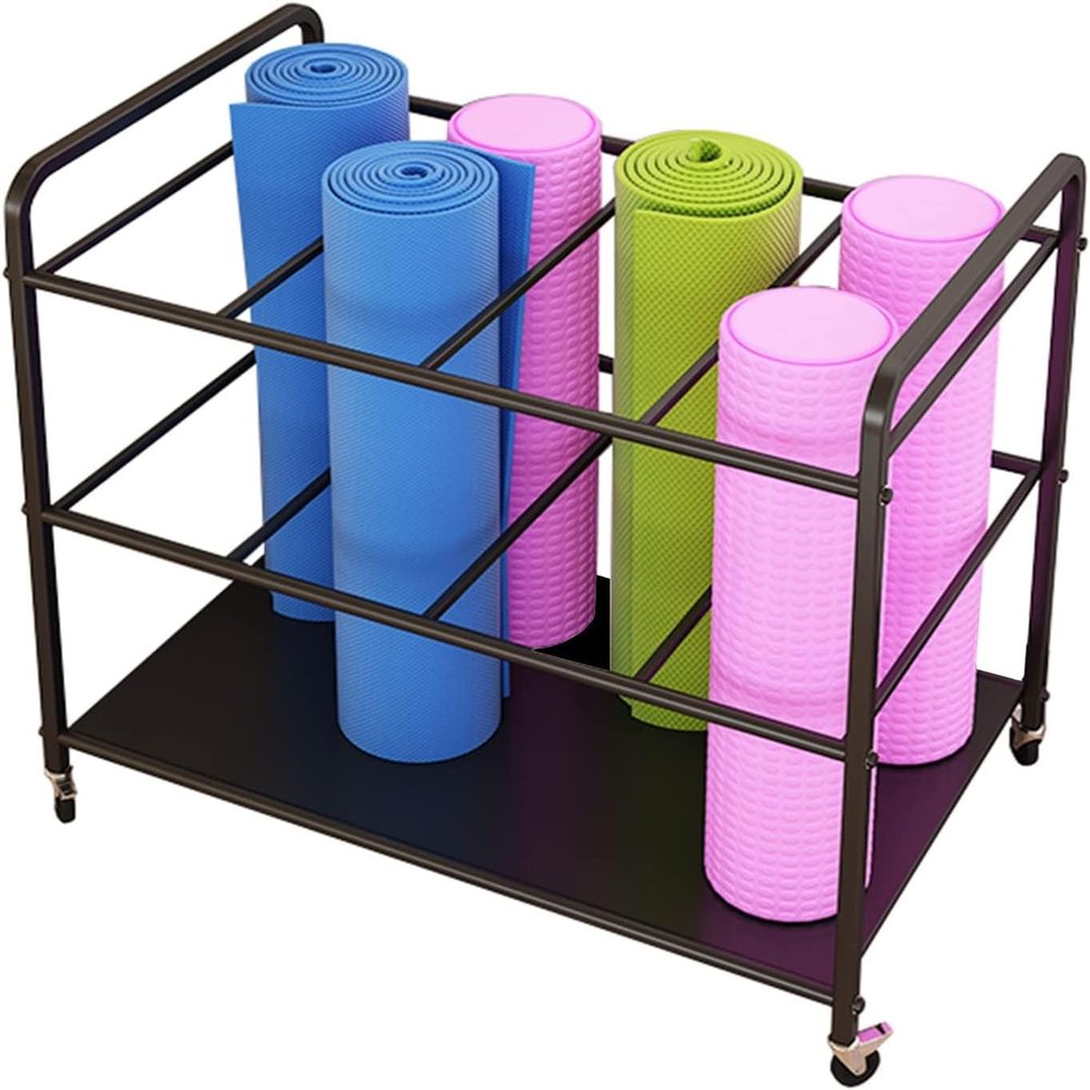 Katzowen Extra Large Yoga Mat Storage Rack Cart, Floor Stand Storage Shelf with Wheels, Metal Foam Rollers Holder Organizer for Home Gym Studio Office