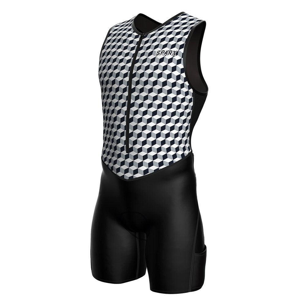 Sparx Men's Premium Triathlon Suit Padded, Quick-Dry, Compression Fit, Lightweight Tri Suit for Swim, Bike, Run Race & Training (B&W Cubes, S)