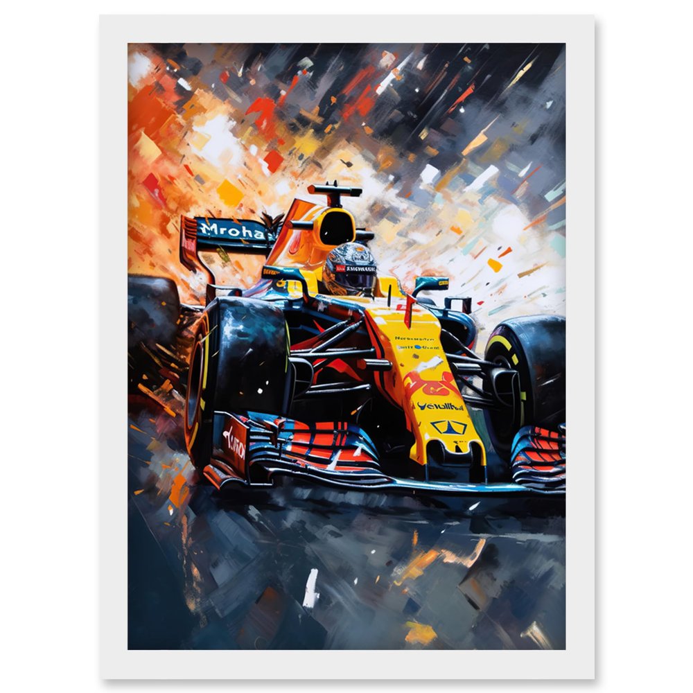 Artery8 Grand Prix Race Car in Action on Track Circuit Artwork Framed Wall Art Print A4