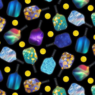 Cotton Pickleball Paddles Balls Equipment Sports Black Cotton Fabric Print by The Yard (683BLACK)