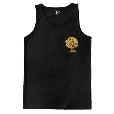 Gold Palm Tree Sunset - Tropical Vacation Paradise Men's Tank Top (Black - Gold Foil - Front & Back, X-Large)