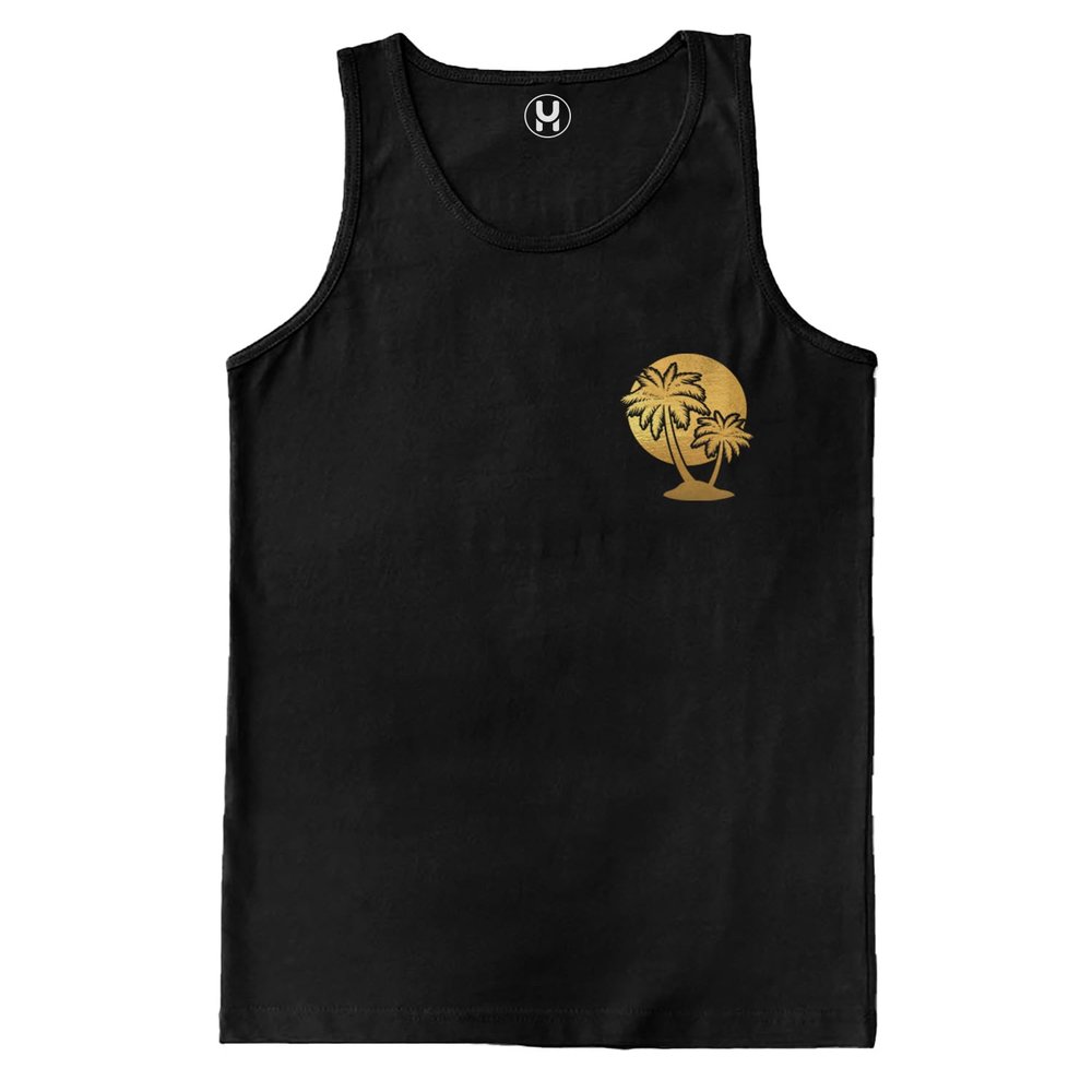 Gold Palm Tree Sunset - Tropical Vacation Paradise Men's Tank Top (Black - Gold Foil - Front & Back, X-Large)