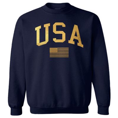 Haase Unlimited Gold USA Flag - United States 4th Of July Youth Fleece Crewneck Sweater (Navy Blue, Small (Youth))