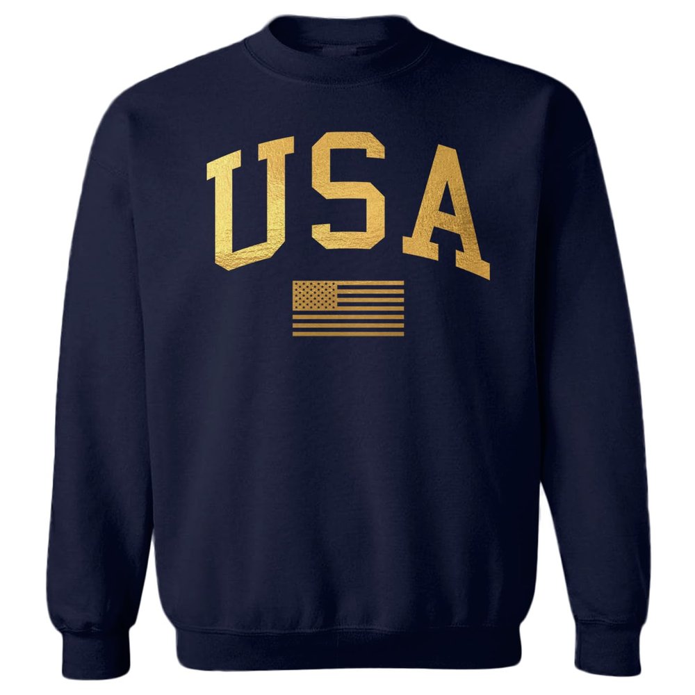 Haase Unlimited Gold USA Flag - United States 4th Of July Youth Fleece Crewneck Sweater (Navy Blue, Small (Youth))