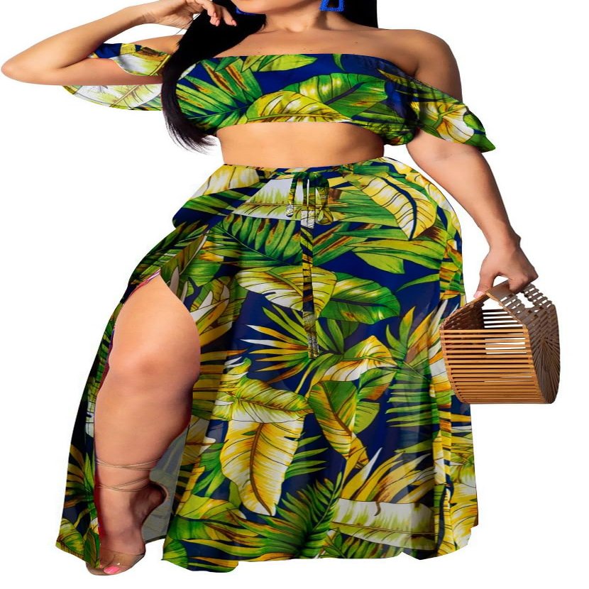Elegant Two Piece Maxi Dress for Women Vacation Sexy Off Shoulder Top Side Slit Long Skirt Swimsuit Cover Ups Sets Beach Party with Drawstring(Large)