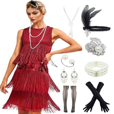 1920s Vintage Inspired Sequin Embellished Fringe Gatsby Flapper Tassel Dress w/ 20s Accessories Set