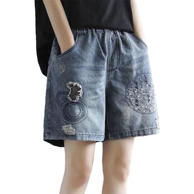 Vintage High Waist Embroidery Denim Shorts Hole Loose Women Pants Elastic Waist Wide Leg Pants 883 XXL 70-80kg
