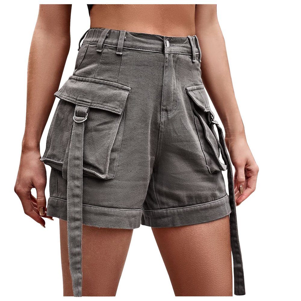 XUNRYAN Cargo Shorts Women Flap Pockets High Waist Denim Jeans Shorts Summer Casual Trendy Short Pants Fashion Clothes Gray