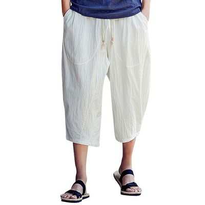 GOKKILRW Mens 3/4 Linen Capris Pants Below Knee 3/4 Length Capris Shorts Elastic Waist Casual Loose Baggy Harem Workout Travel Fishing Running Pants Summer Beach Yoga Lounge Pajamas Cropped Trouser
