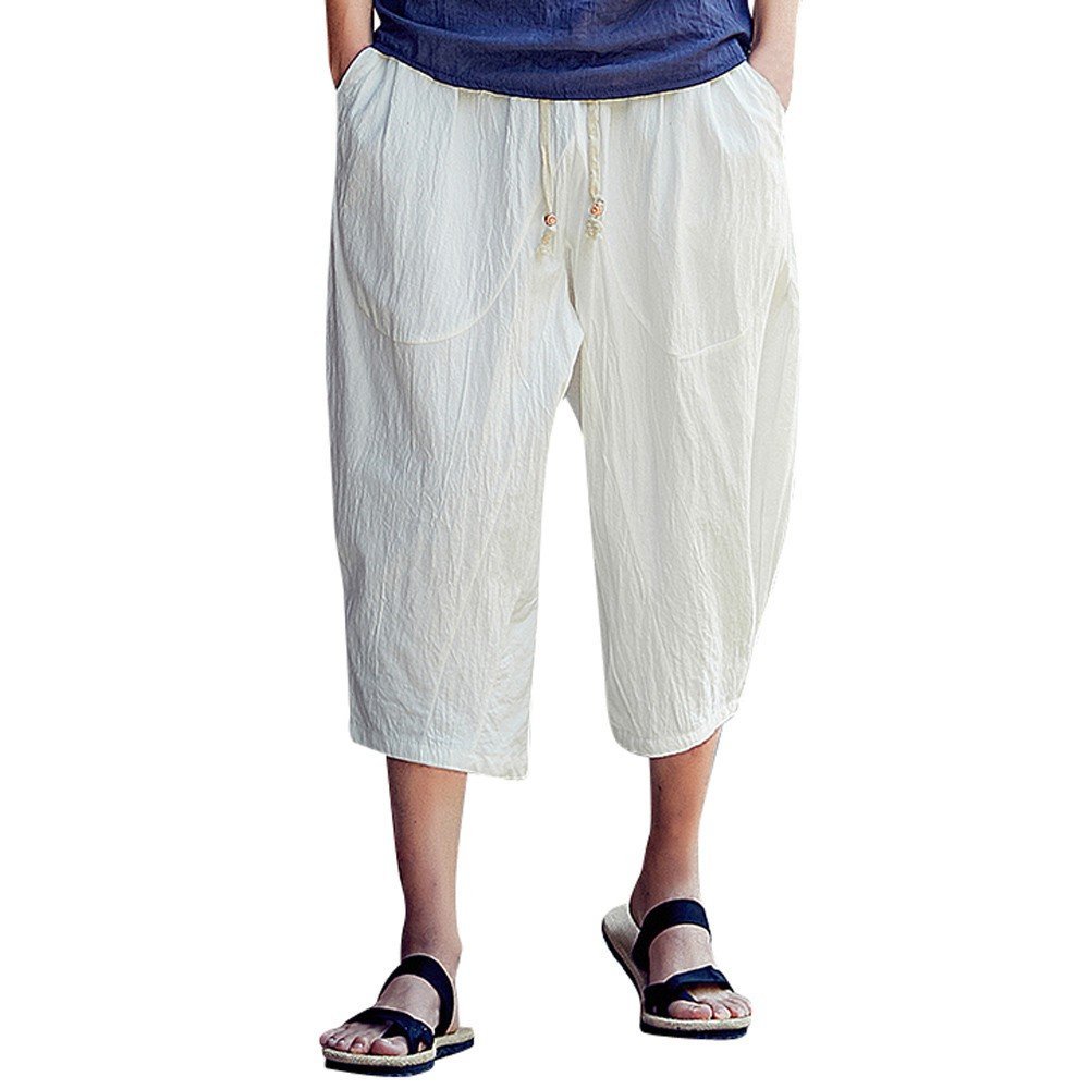 GOKKILRW Mens 3/4 Linen Capris Pants Below Knee 3/4 Length Capris Shorts Elastic Waist Casual Loose Baggy Harem Workout Travel Fishing Running Pants Summer Beach Yoga Lounge Pajamas Cropped Trouser