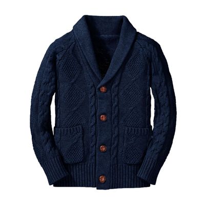 Inorin Boy's Sweater Cardigan Button Down Shawl Collar Cable Knitted Outwear Sweater Coats with Pockets Deep Navy Blue