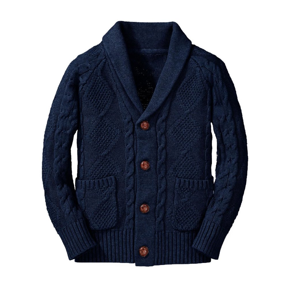 Inorin Boy's Sweater Cardigan Button Down Shawl Collar Cable Knitted Outwear Sweater Coats with Pockets Deep Navy Blue