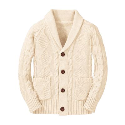 Inorin Boy's Sweater Cardigan Button Down Shawl Collar Cable Knitted Outwear Sweater Coats with Pockets Apricot