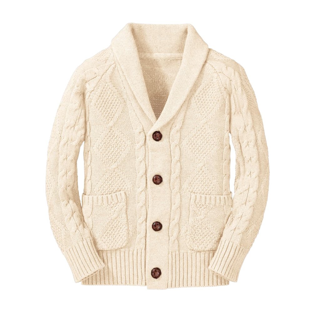 Inorin Boy's Sweater Cardigan Button Down Shawl Collar Cable Knitted Outwear Sweater Coats with Pockets Apricot