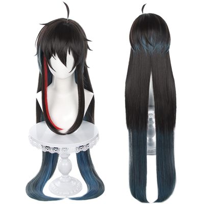 maysuwell Anime Black Blue mixed Red Wigs Men Long Straight Wig with Ahoge Bangs Layered Haircut Adult Game Dragon Lunae Cosplay Wigs Halloween,Christmas,Comic con,Game Show,Party