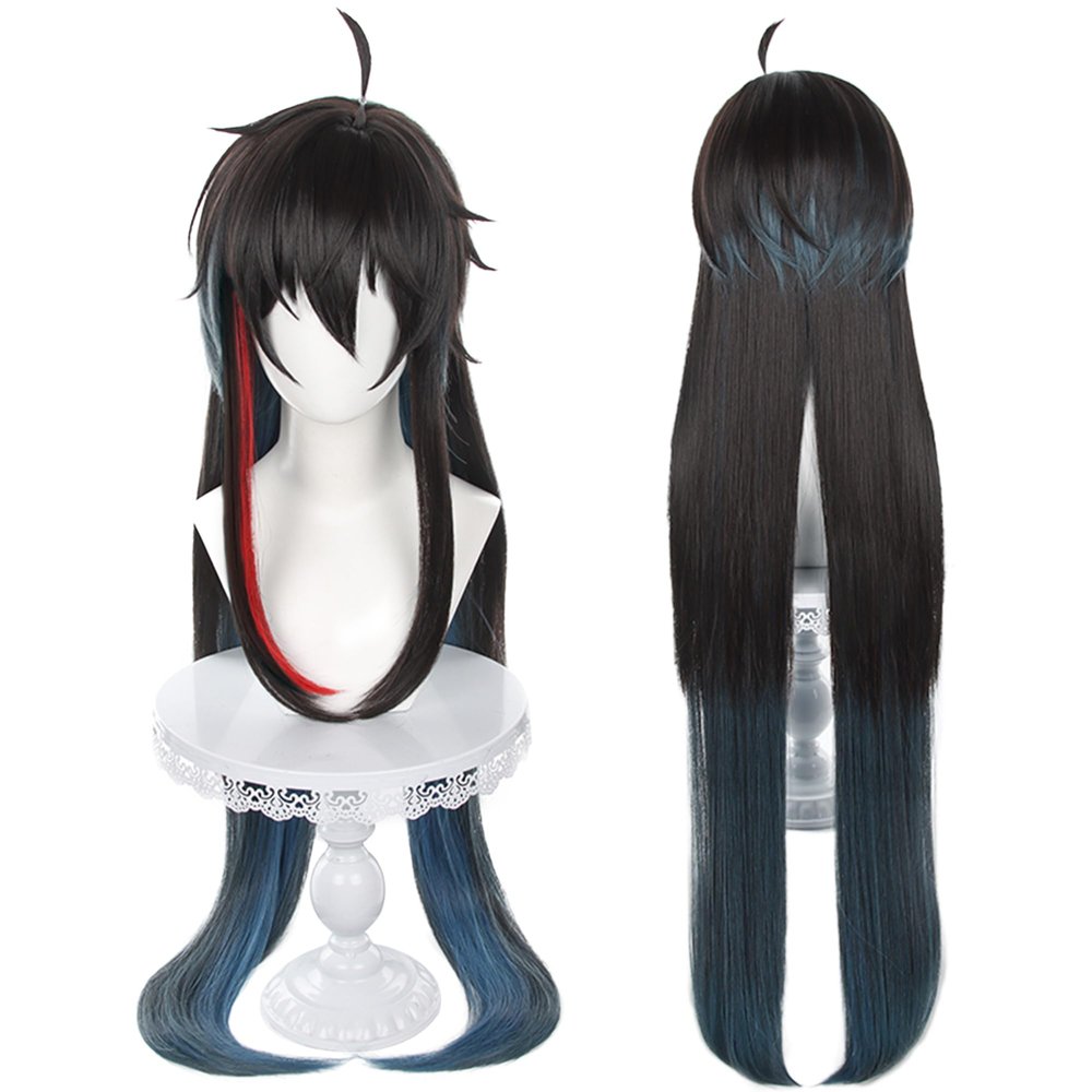 maysuwell Anime Black Blue mixed Red Wigs Men Long Straight Wig with Ahoge Bangs Layered Haircut Adult Game Dragon Lunae Cosplay Wigs Halloween,Christmas,Comic con,Game Show,Party