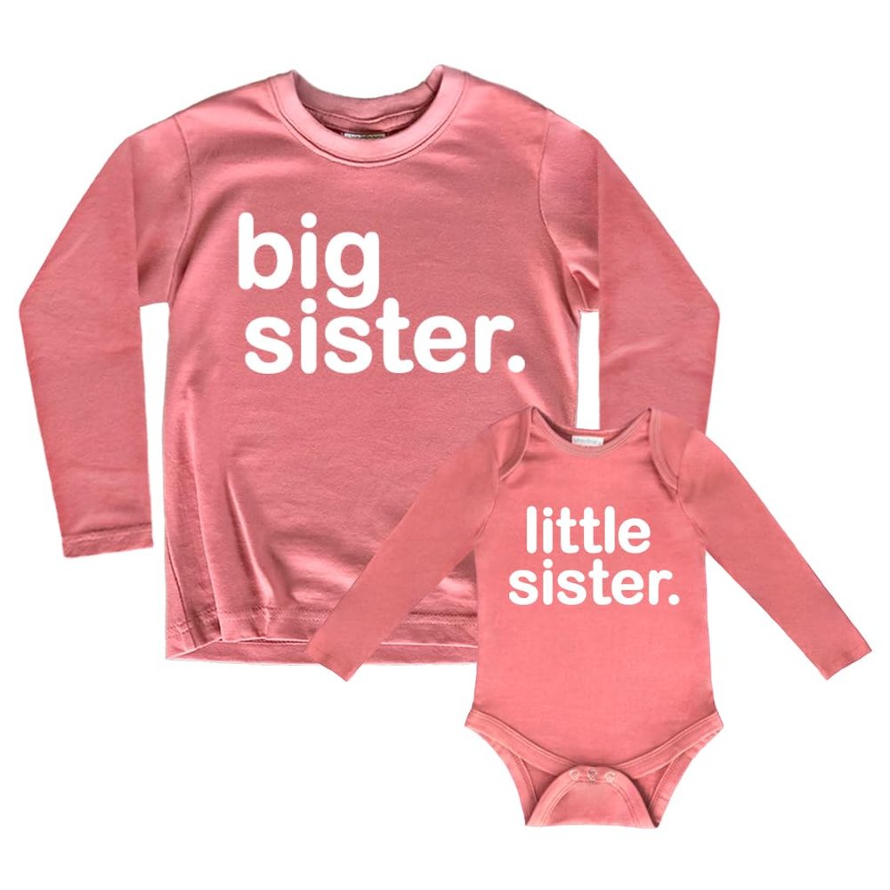 big sister little sister matching outfits shirts set baby toddler newborn girls (Mauve - Long Sleeve, Kid (7Y) / Baby (NB))